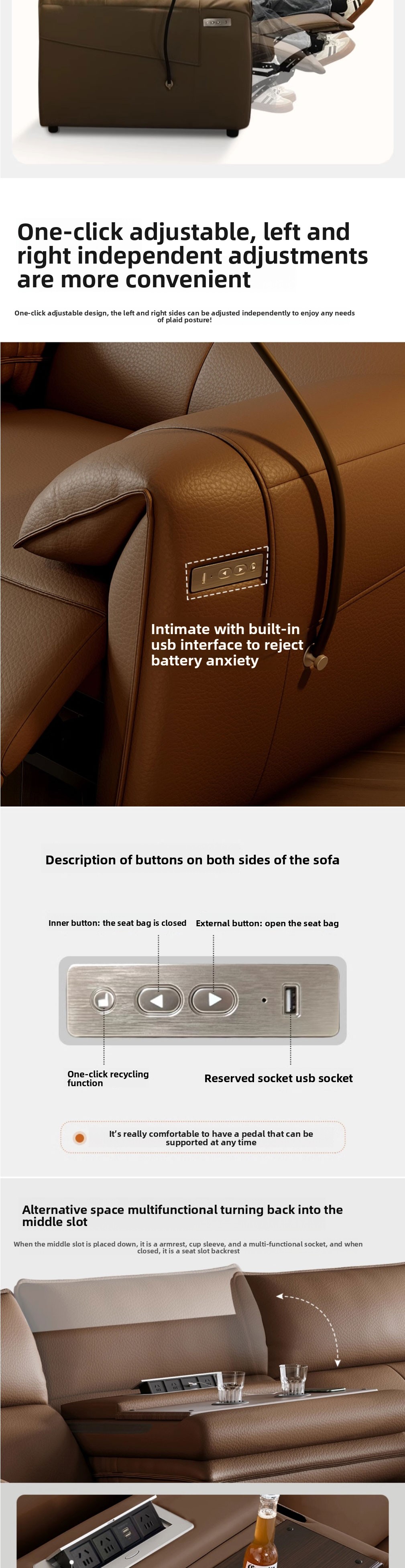 Italian Luxury Electric Designer Sofa Genuine Leather Recliner Extendable Modern Living Room Centerpiece USB Charging Metal