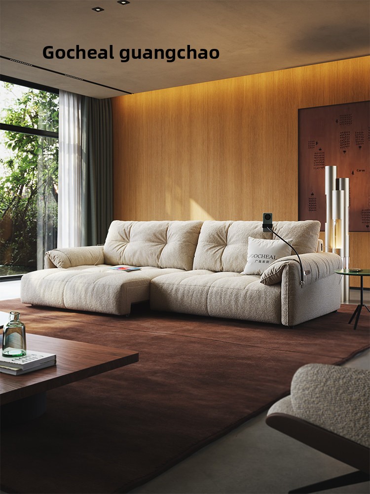 Guangchao Xuefu Three Seat Fabric Sofa Living Room Cotton Linen Chenille Cream Wind Straight Electric Function USB Charging Port