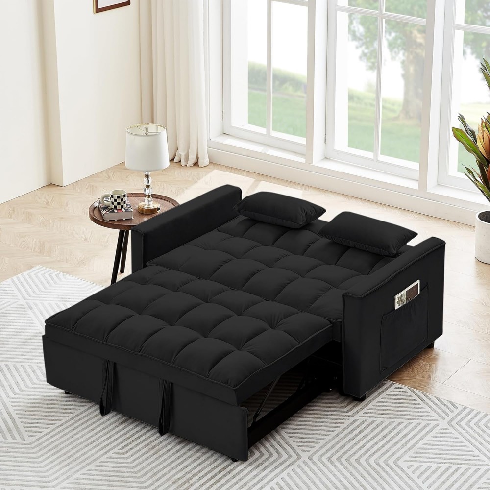 Black Convertible Loveseat Sofa Bed 3 in 1 Velvet Loveseat Futon Sofa Couch Modern Pullout Bed with Storage