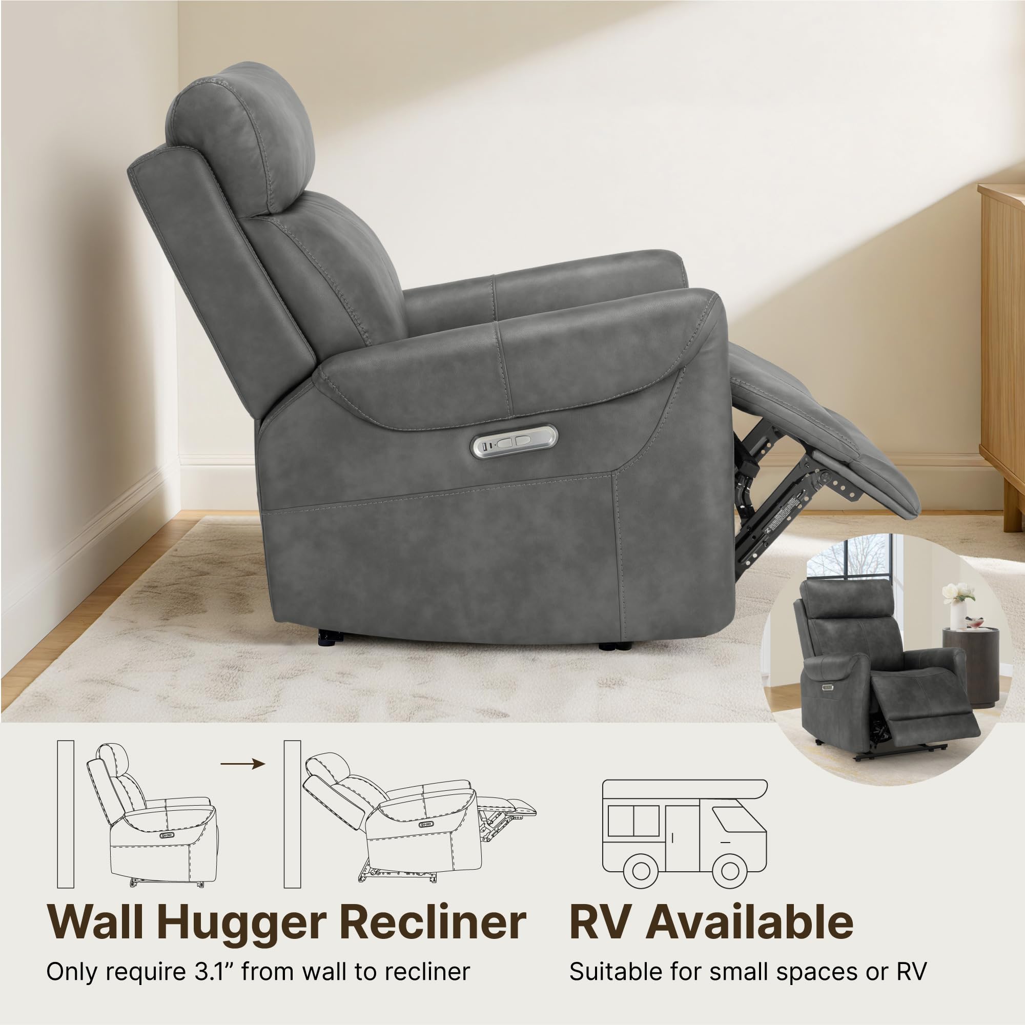 Leather Recliner Chair for Wall Hugger RV Recliner with USB Electric Power Reclining Sofa for Home Theater Seating Bedroom