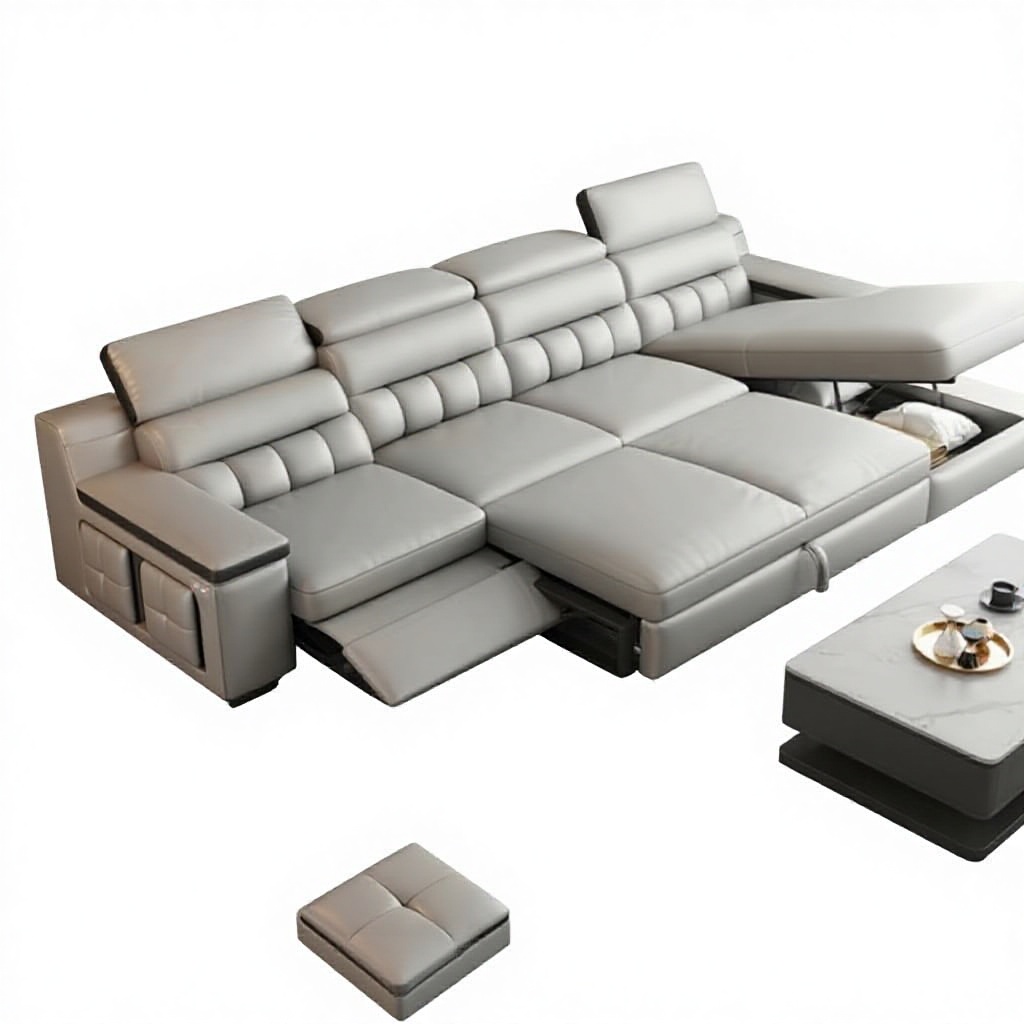 Luxury Modern Sectional Multifunctional L-Shaped USB Charging Electric Stretch Sofa PU Material Trundle Bed Storage Apartment