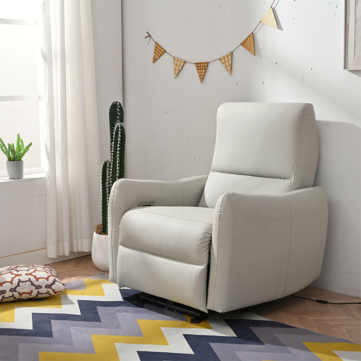 Light Gray Electric Power Recliner Wall Hugger Design for Small Spaces - In-room Setup