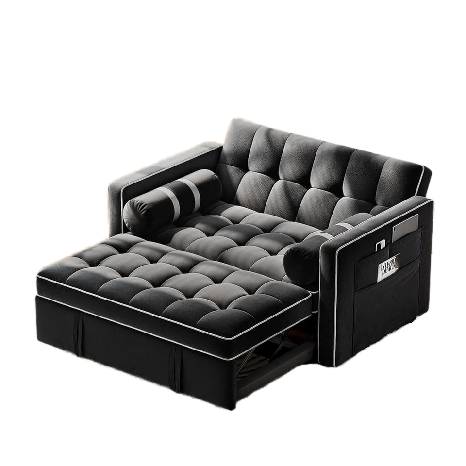 Dareko Convertible Black Velvet Sponge Filled Sofa Bed Adjustable Backrest USB Ports Side Pockets Loveseat Futon Living Room