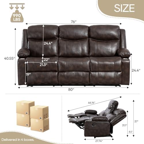 3-Seater Modern Manual Reclining Sofa with Heat Massage Wall-Hugger Design in Brown Fabric Wood Frame for Living Room