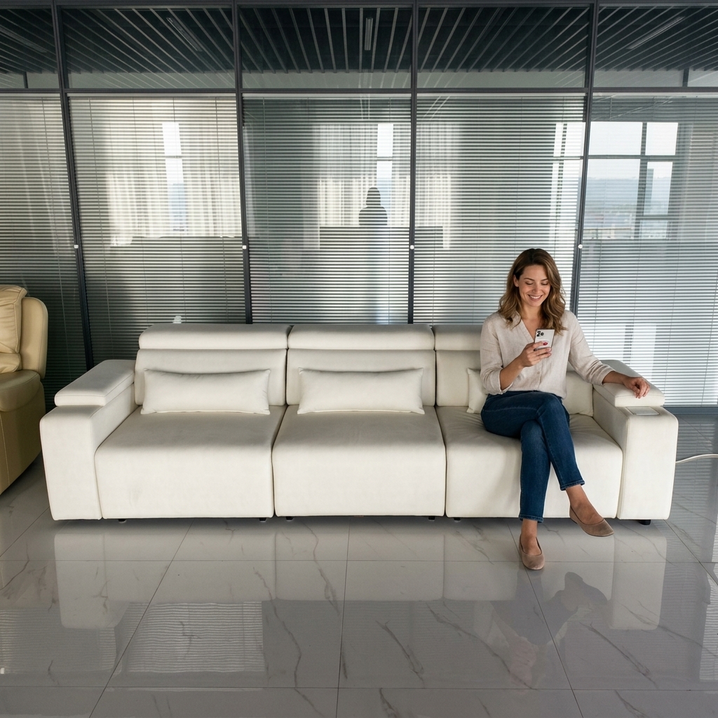 Modern PZ049 GALAXY White Wood Electric Recliner Sofa Hidden Armrest Storage Sound System Wireless Charging-Smart Living Room