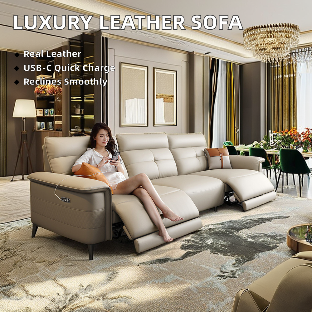 Wall-Hugging Convertible Luxury Recliner Set Genuine Leather Hidden Folding Ottoman USB-C Fast Charging Living Room Sofas