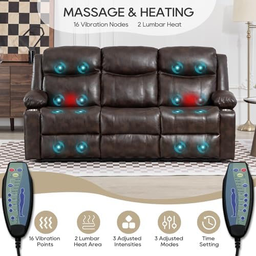 3-Seater Modern Manual Reclining Sofa with Heat Massage Wall-Hugger Design in Brown Fabric Wood Frame for Living Room