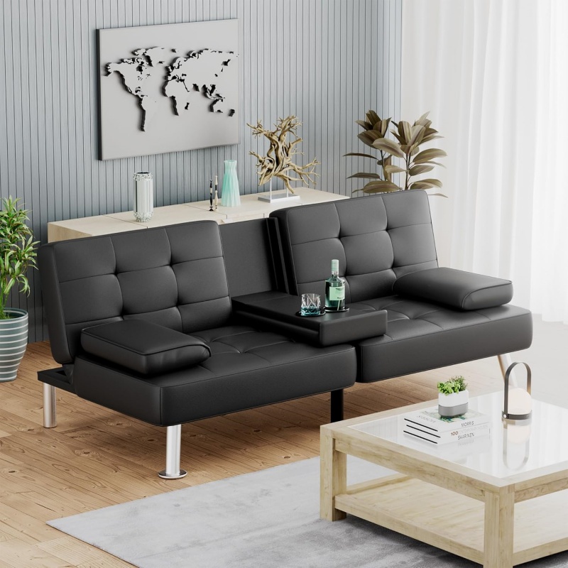 Convertible Folding Futon Sofa Bed Sleeper Couch for Living Room Faux Leather Upholstered Loveseat W/Removable Armrests