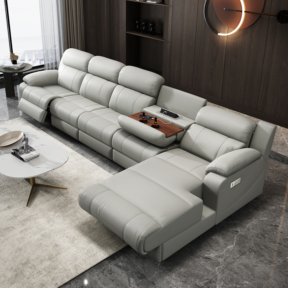 Power Recliner Sofa Set L-Shaped Reclining Leather Wall Hugger Couch Light Grey Modern Living Room Furniture Wholesale Vendor