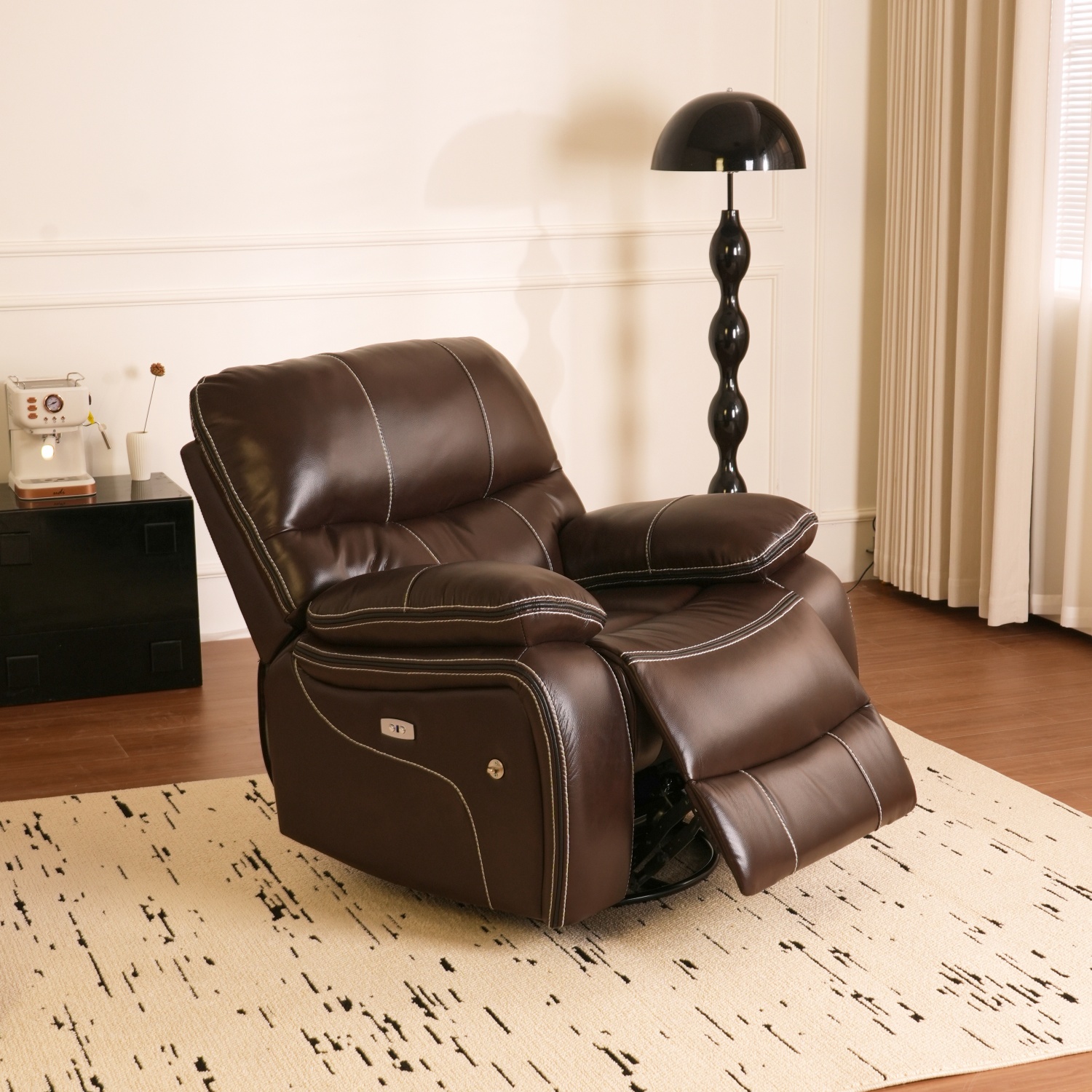 Modern Style Functional Wall-Hugger Recliner Sofa with Nano-Technology Contemporary Power Genuine Leather Extra Deep Seat