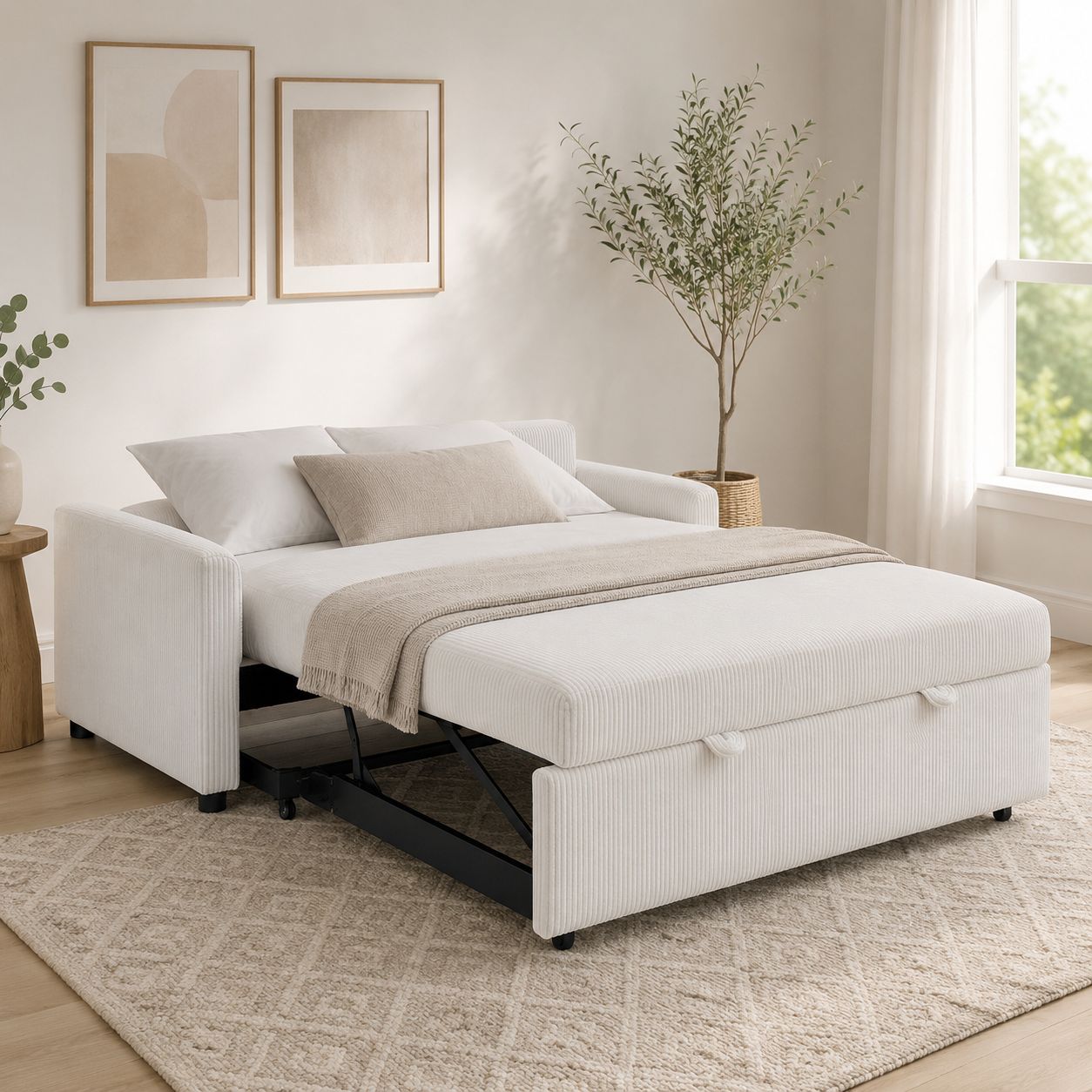 White Fabric Pull-Out Sofa Bed Loveseat Convertible Sofa Sleeper With USB Charging Port for Living Room