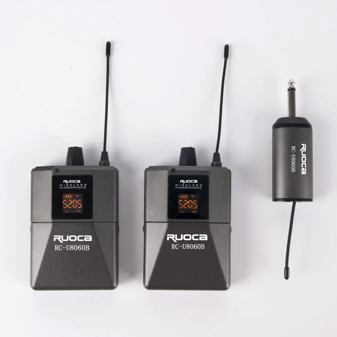 CE Certification Ruoca RC-U8062B Professional Dual Bodypack with Clip or Headset Microphone UHF Wireless Microphone System with Recharging Mini Receiver for Home , Church , Conference Room,Stage Factory, Exporter