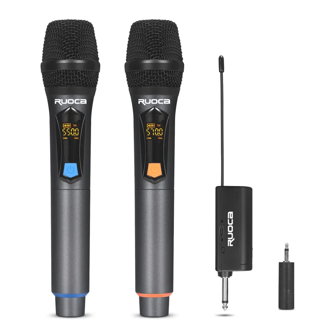 Best Ruoca RC-U8092 Professional Dual Handheld Wireless Microphone UHF Metal Handheld Cordless Dynamic Mic System ,Auto Connect, 1/4‘’Output, 200 FT for Karaoke/Party/DJ/Wedding/Speech/Outdoor Events Factory, Factories