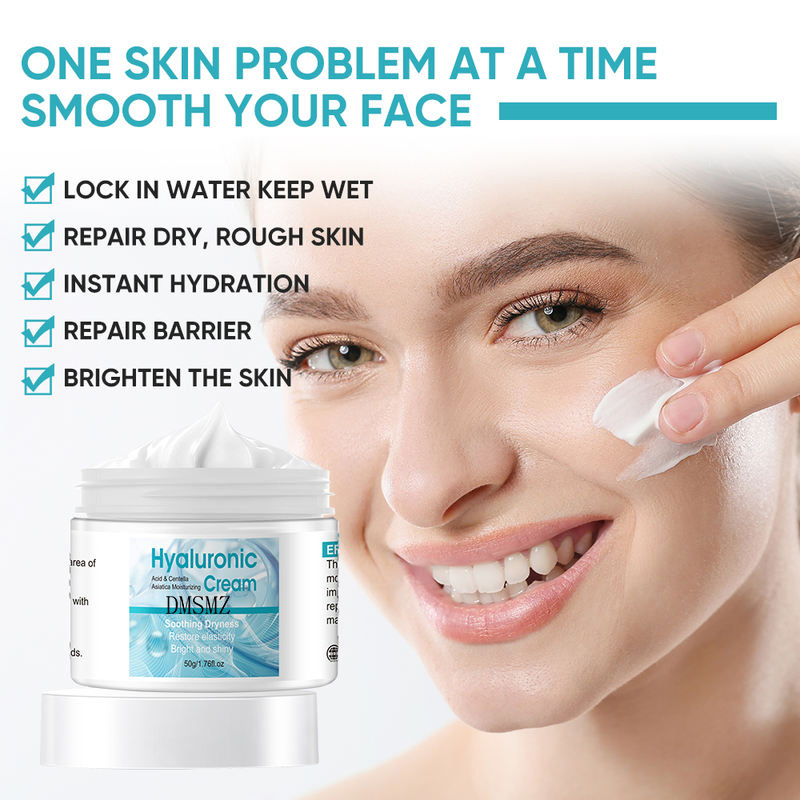 Acalma a pele irritada, repara a barreira, proporciona hidratação duradoura, ácido hialurônico, centella asiática, creme facial hidratante
