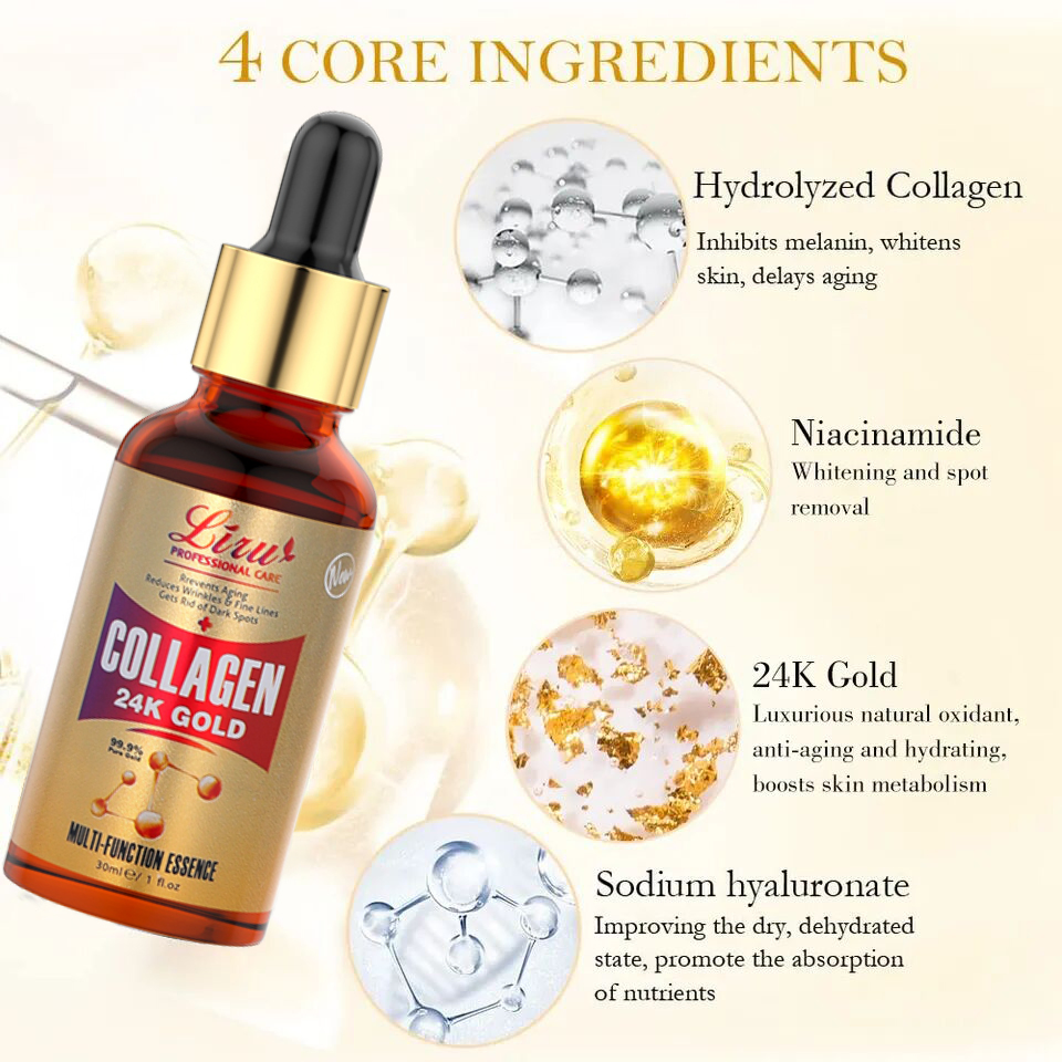 Atacado de Fábrica Cuidados com a Pele 24K Sérum de Colágeno Reparador Hidratante Facial Ouro Antienvelhecimento
