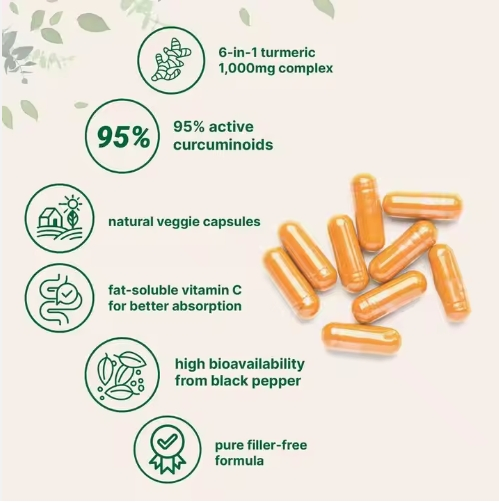 Cápsulas de Curcuma Curcumin – Suplementos para Saúde das Articulações Extrato de Raiz de Curcuma Herbal para Suporte Antioxidante OEM/ODM