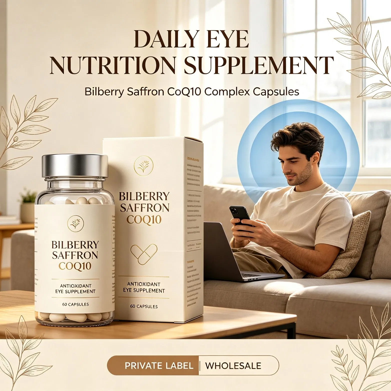 Suplemento Antioxidante para os Olhos OEM Bilberry Saffron Coq10 Cápsulas Complexo