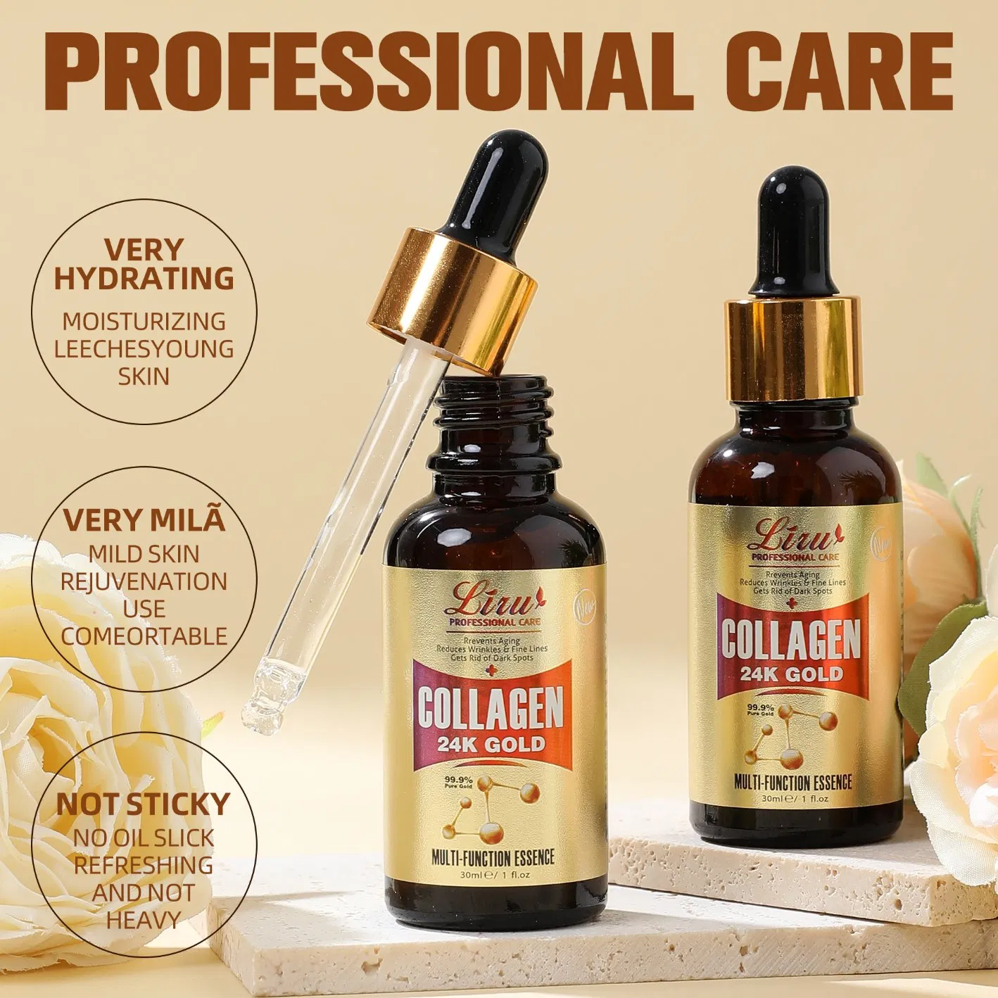 Essência Iluminadora de Ácido Hialurônico para Cuidados com a Pele de Marca Própria 24K Sérum Facial de Colágeno Dourado