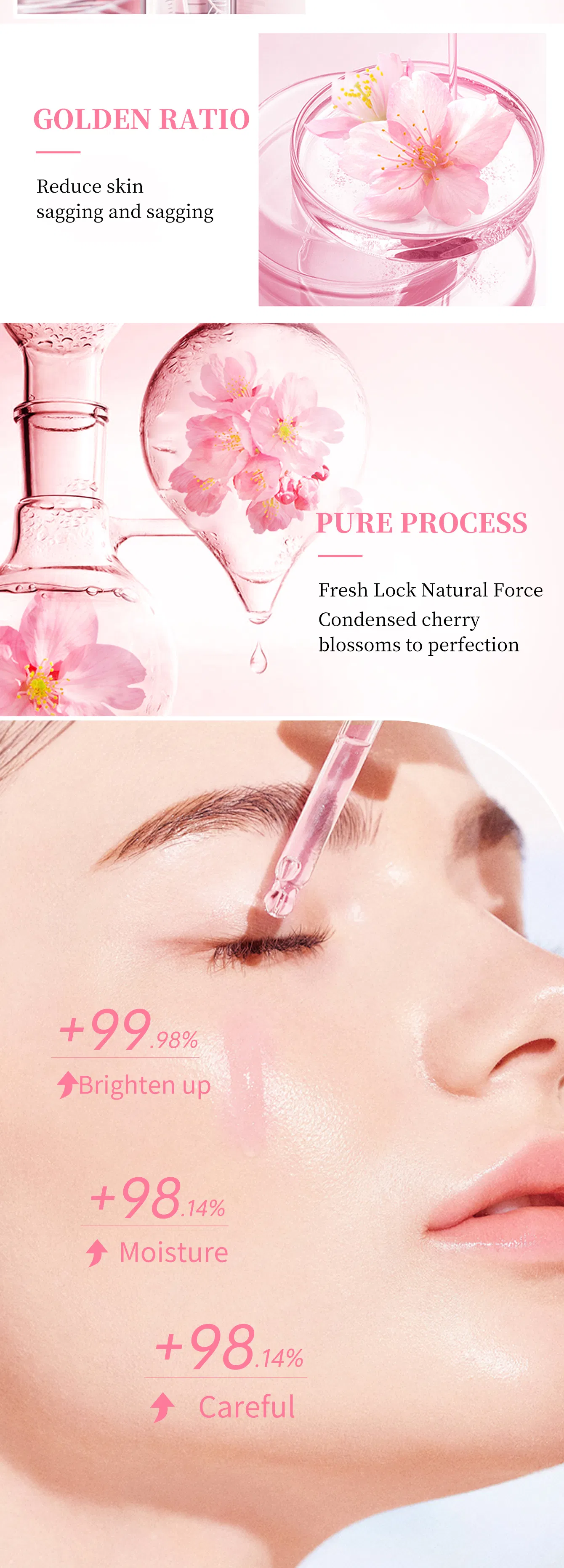Uniformiza o tom de pele irregular, firma a pele, acalma a sensibilidade, repara a barreira cutânea danificada, sérum facial de sakura