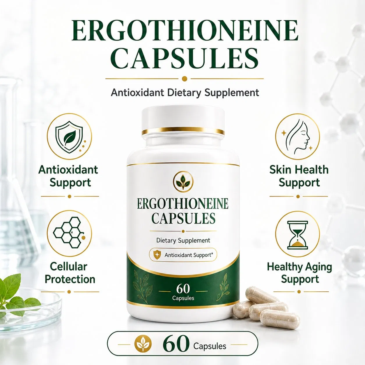 Cápsulas de Ergotioneína Suplemento para Envelhecimento Saudável com Suporte Antioxidante Natural