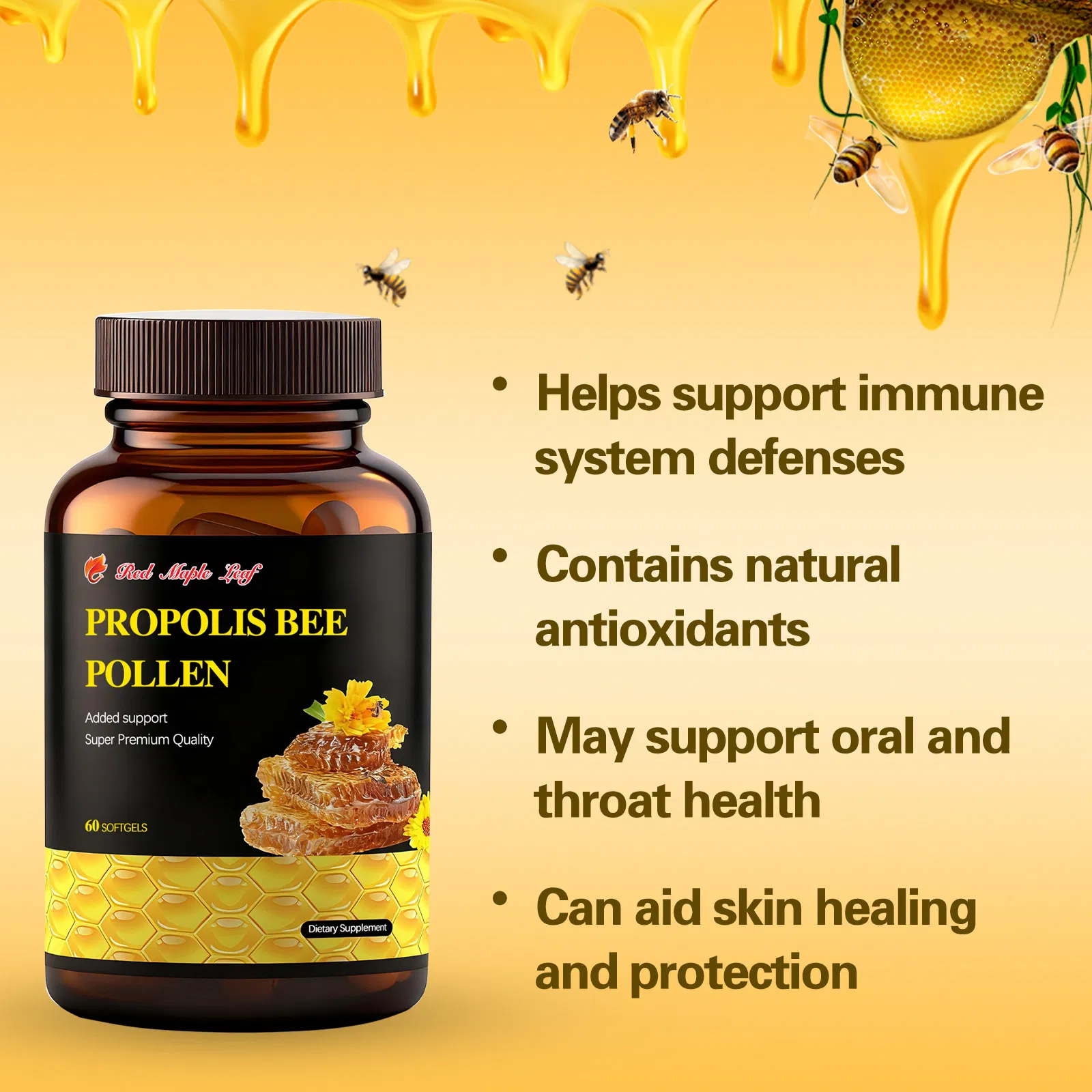 Softgels de Pólen de Abelha com Própolis, Suplemento Natural de Antioxidante para Suporte Imunológico
