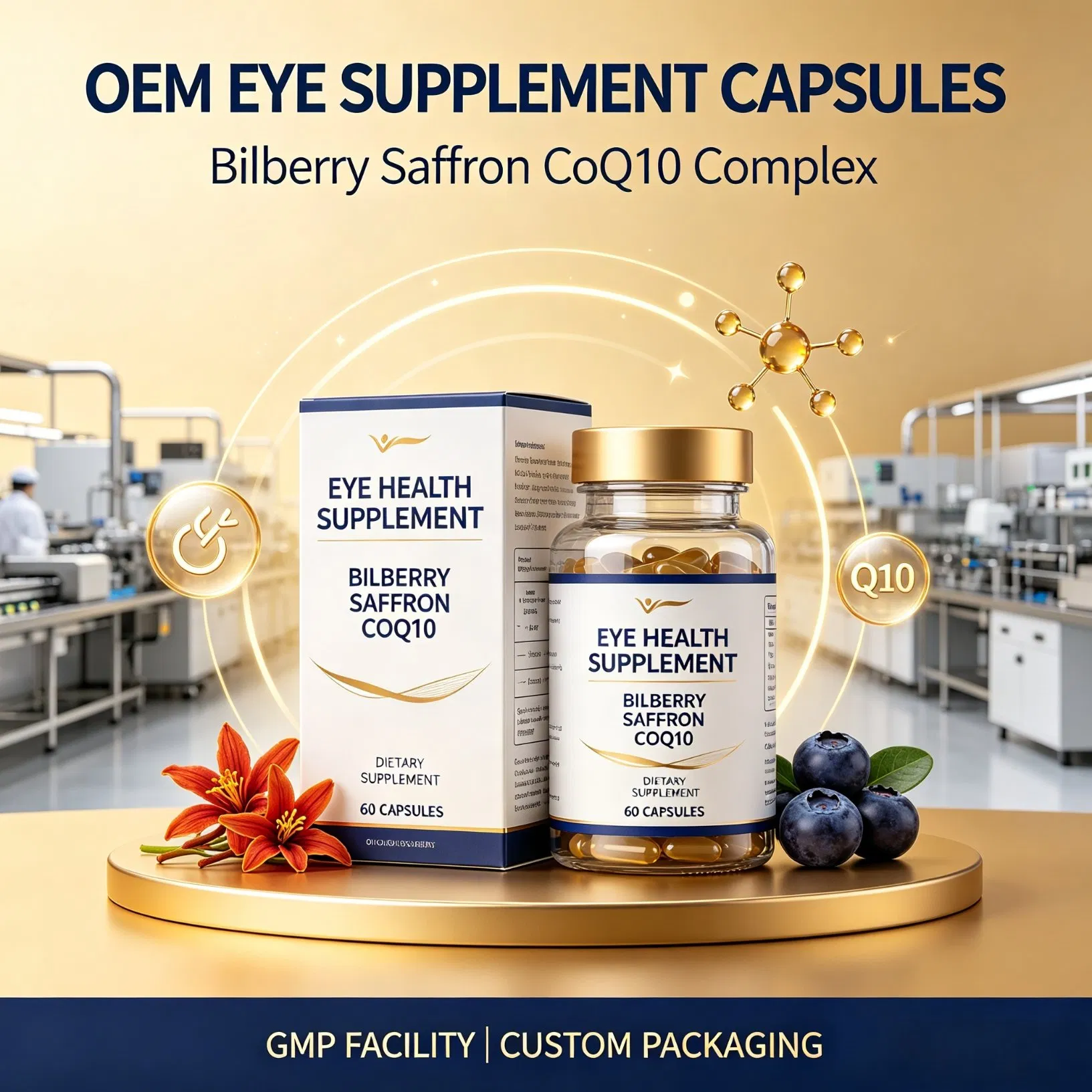 Suplemento Antioxidante para os Olhos OEM Bilberry Saffron Coq10 Cápsulas Complexo