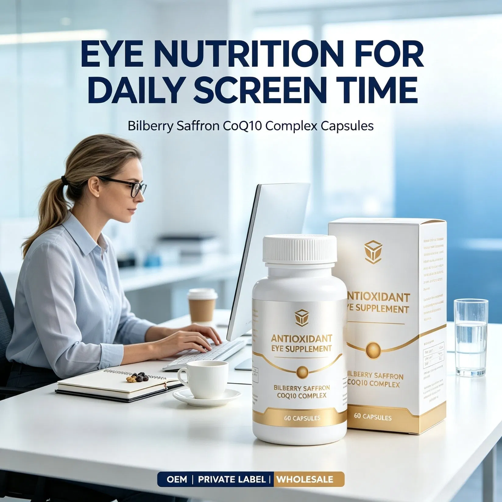 Suplemento Antioxidante para os Olhos OEM Bilberry Saffron Coq10 Cápsulas Complexo