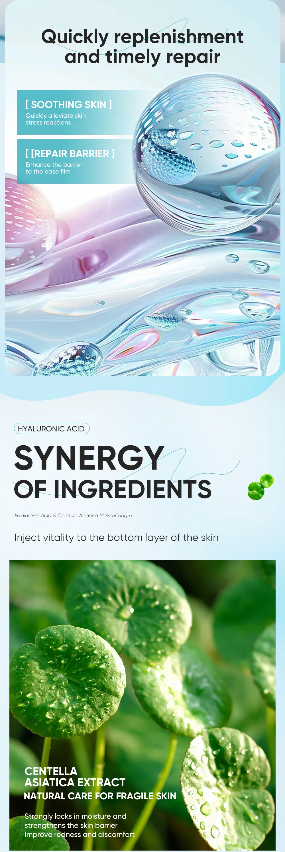 Acalma a pele irritada, repara a barreira, proporciona hidratação duradoura, ácido hialurônico, centella asiática, creme facial hidratante