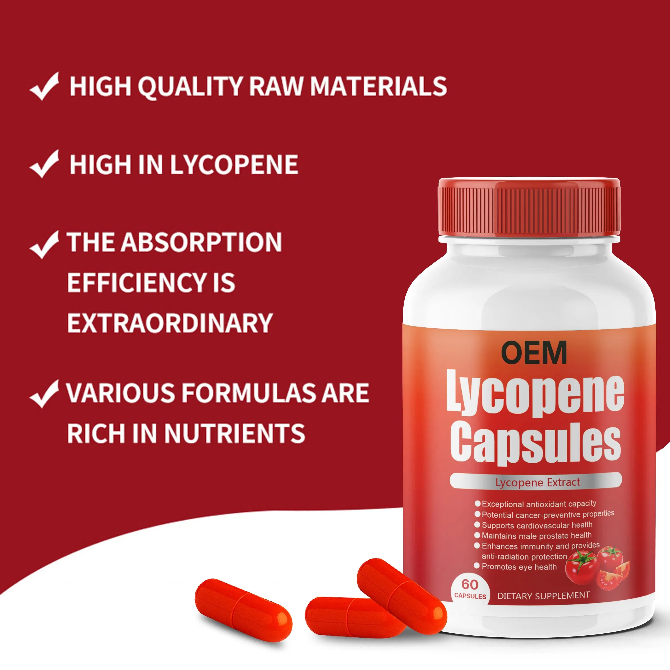 Personalize o Logo do Suplemento de Licopeno para Homens com Extrato Natural de Tomate para Suporte à Próstata, Pele e Antioxidantes em Cápsulas