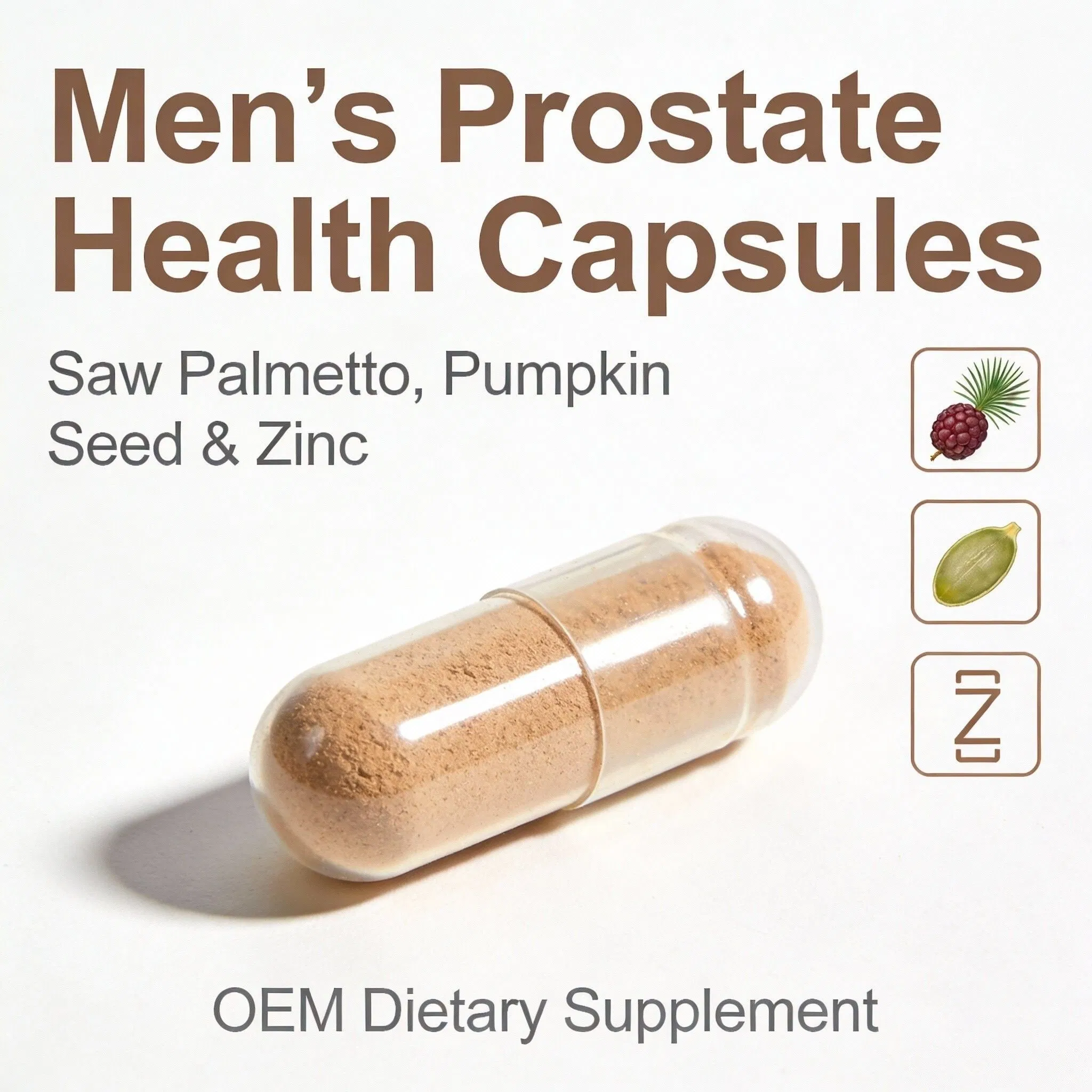 Cápsulas de Saúde Prostatária Masculina: Sabal, Semente de Abóbora e Zinco - Suplemento Dietético OEM