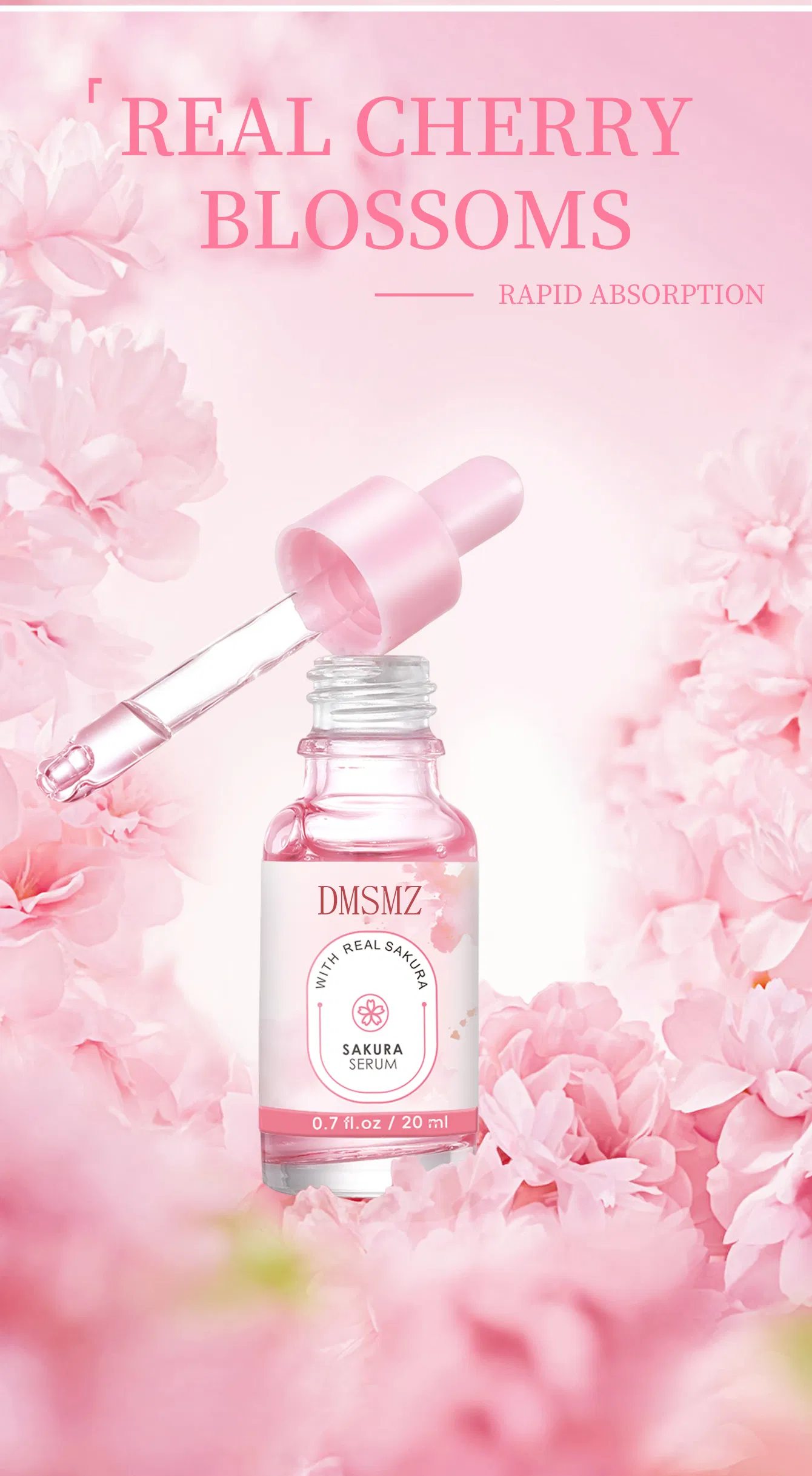 Uniformiza o tom de pele irregular, firma a pele, acalma a sensibilidade, repara a barreira cutânea danificada, sérum facial de sakura