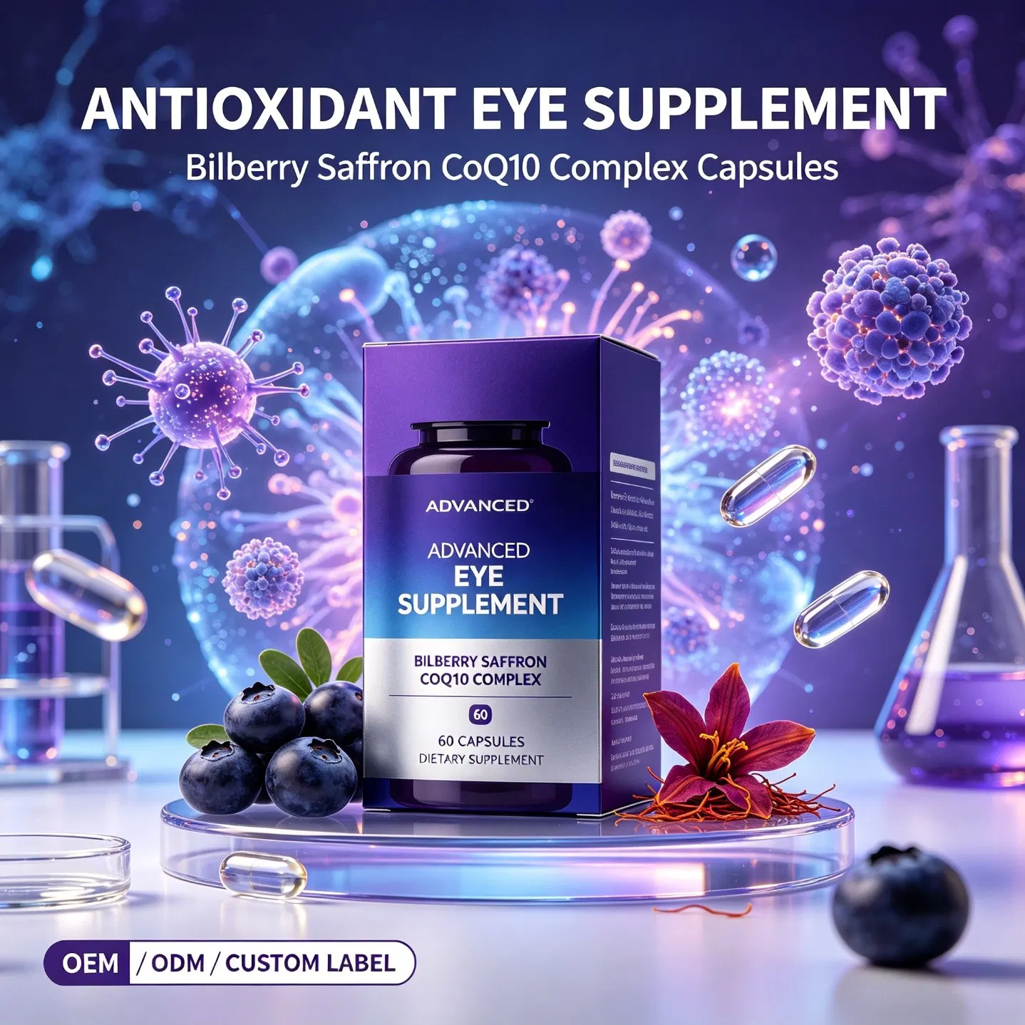 Suplemento Antioxidante para os Olhos OEM Bilberry Saffron Coq10 Cápsulas Complexo