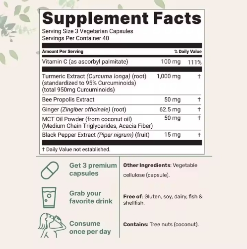 Cápsulas de Curcuma Curcumin – Suplementos para Saúde das Articulações Extrato de Raiz de Curcuma Herbal para Suporte Antioxidante OEM/ODM
