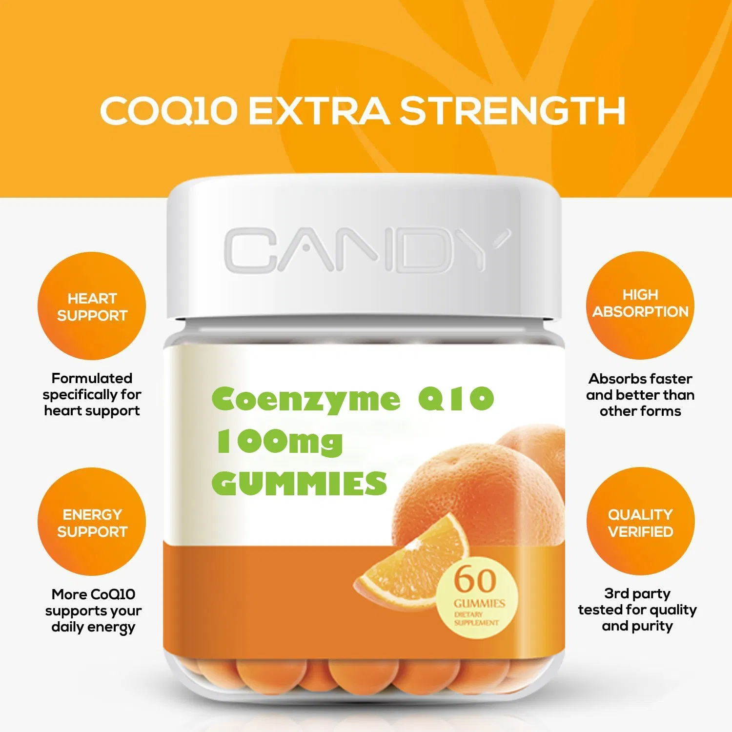 Vitaminas Gummy de Pectina Coq10 com Alta Absorção de Coenzima Q10 Suplemento Dietético Antioxidante Natural para a Saúde do Coração