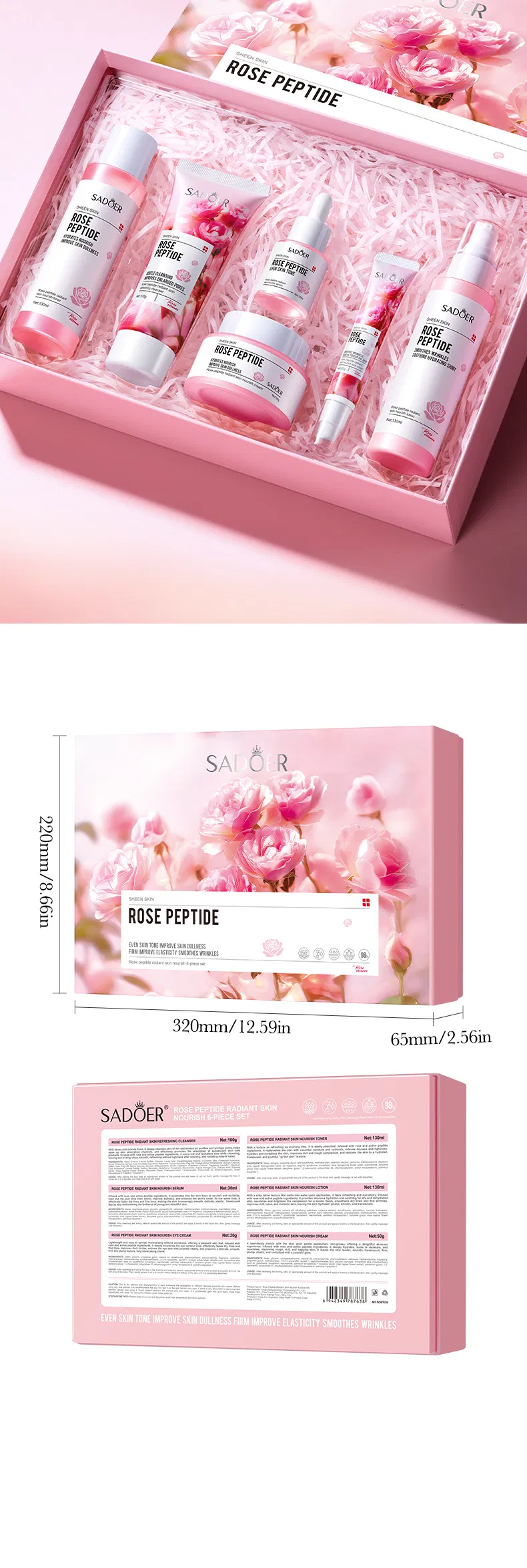 Conjunto de Cosméticos Hidratante Nutritivo de Renovação da Pele com Peptídeos de Rosa Sadoer
