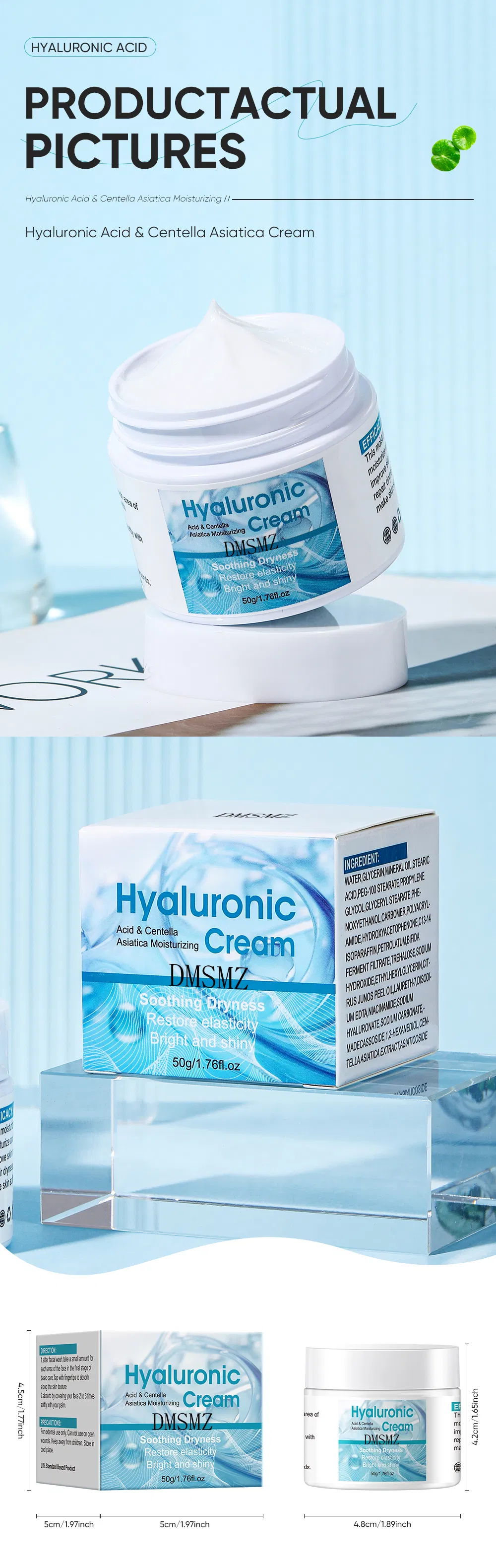 Acalma a pele irritada, repara a barreira, proporciona hidratação duradoura, ácido hialurônico, centella asiática, creme facial hidratante