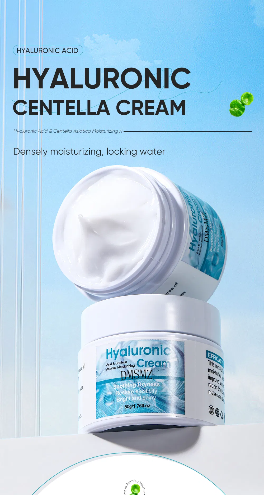 Acalma a pele irritada, repara a barreira, proporciona hidratação duradoura, ácido hialurônico, centella asiática, creme facial hidratante