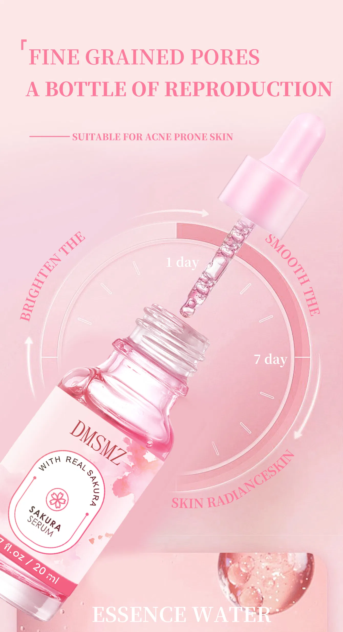 Uniformiza o tom de pele irregular, firma a pele, acalma a sensibilidade, repara a barreira cutânea danificada, sérum facial de sakura
