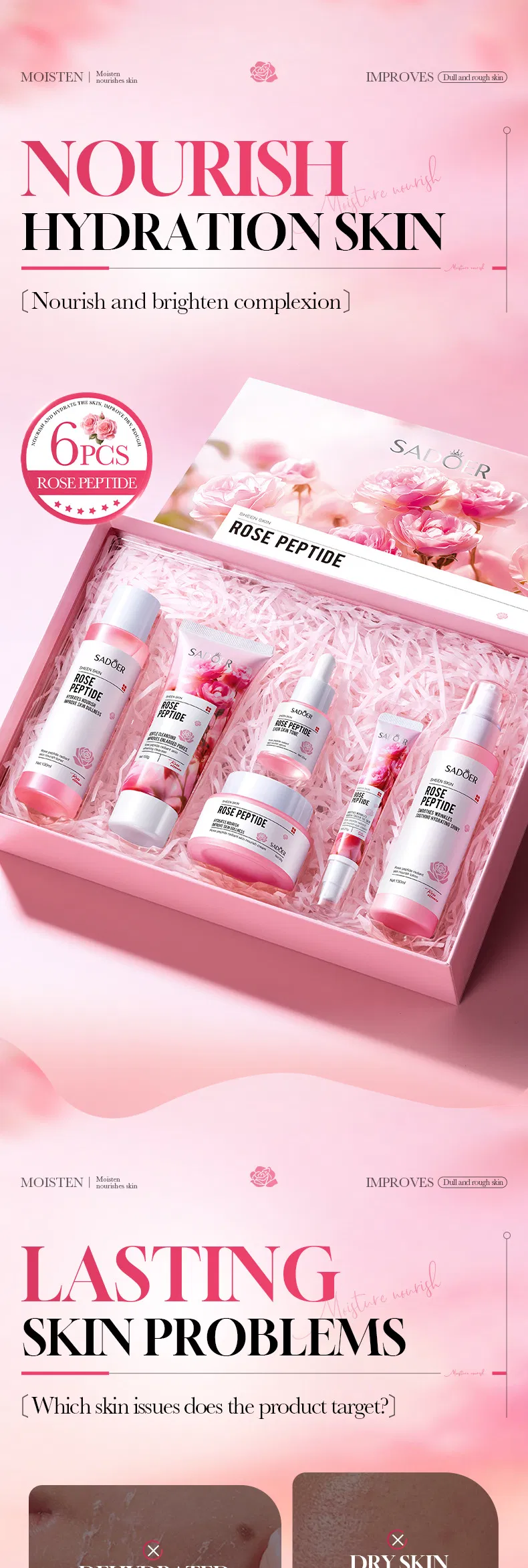 Conjunto de Cosméticos Hidratante Nutritivo de Renovação da Pele com Peptídeos de Rosa Sadoer