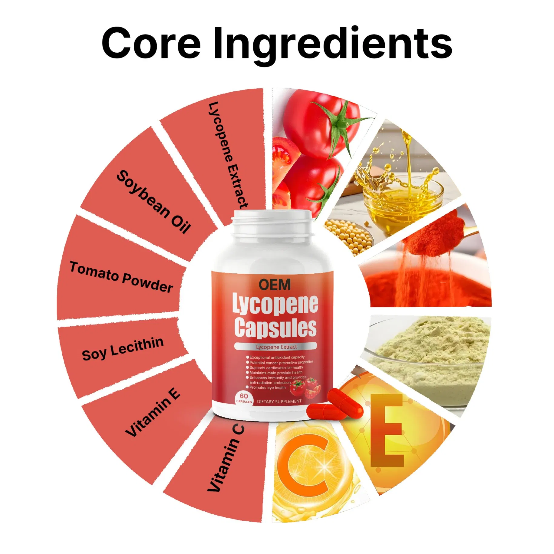 Personalize o Logo do Suplemento de Licopeno para Homens com Extrato Natural de Tomate para Suporte à Próstata, Pele e Antioxidantes em Cápsulas