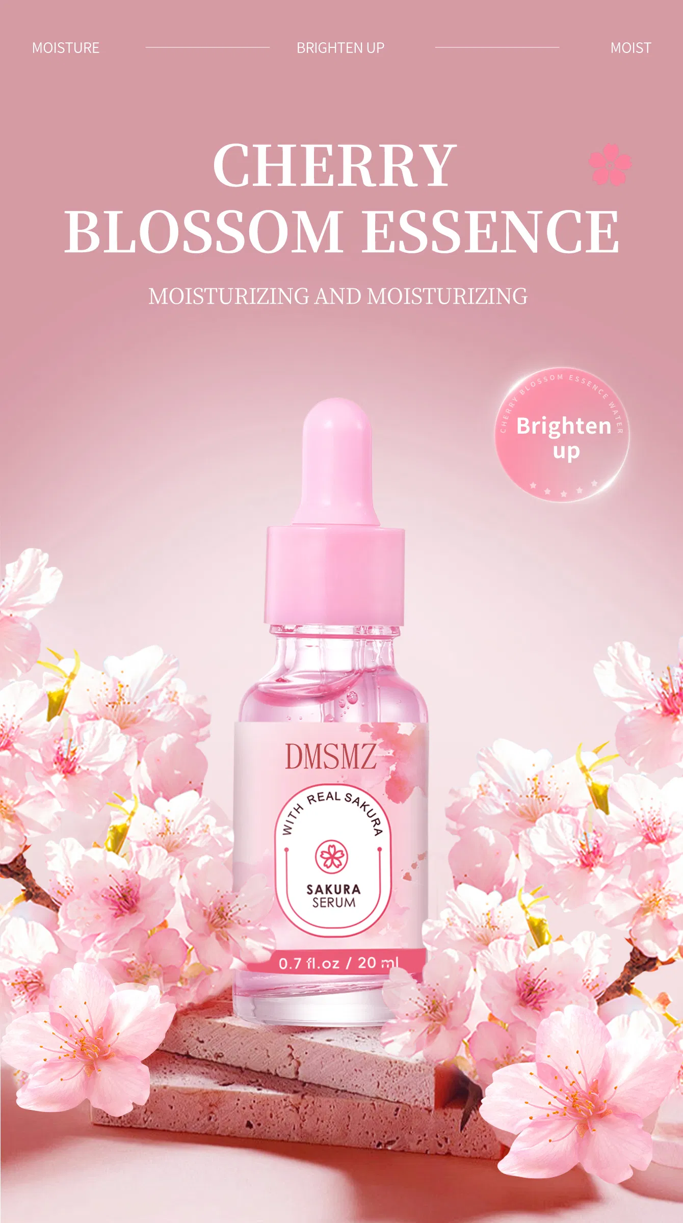 Uniformiza o tom de pele irregular, firma a pele, acalma a sensibilidade, repara a barreira cutânea danificada, sérum facial de sakura