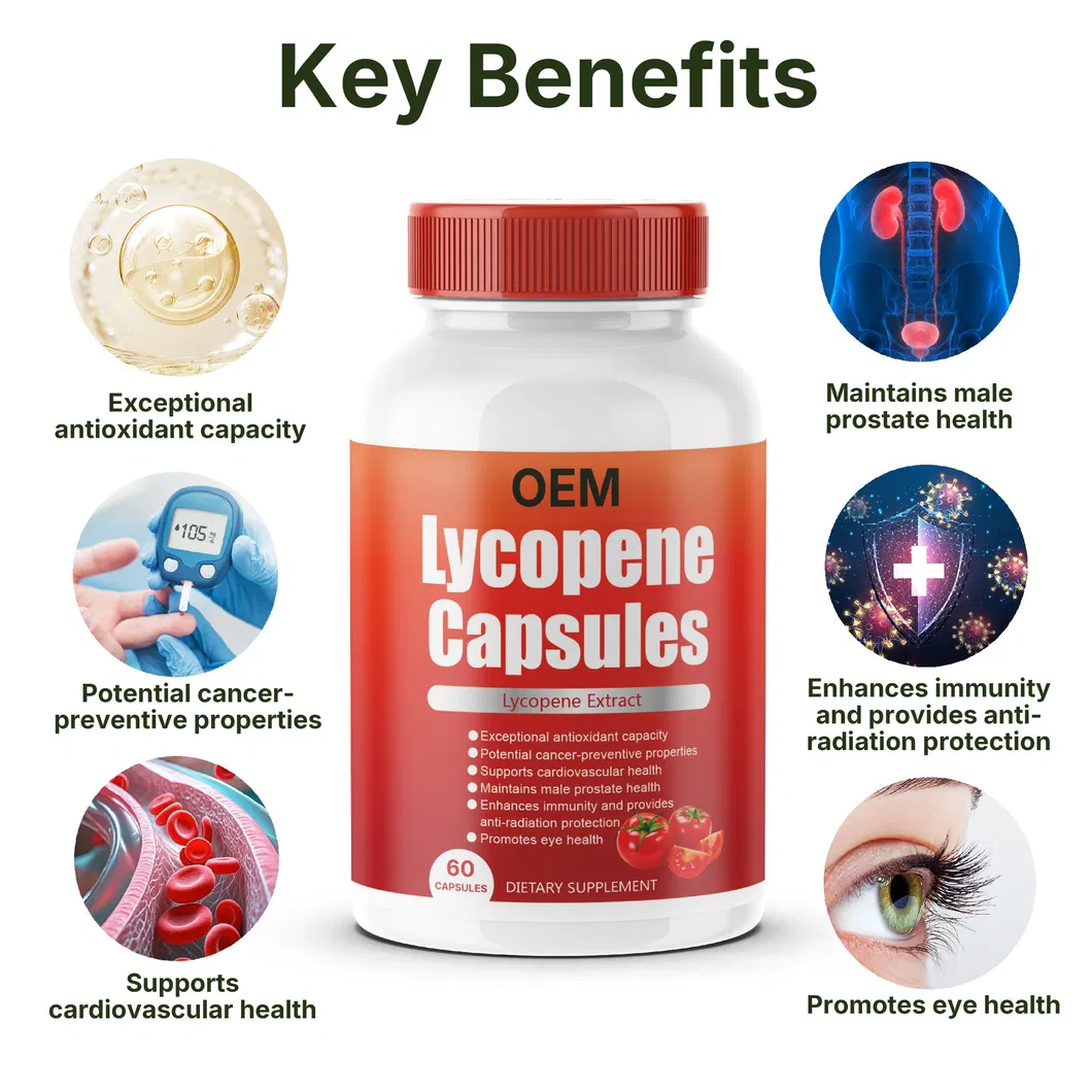 Personalize o Logo do Suplemento de Licopeno para Homens com Extrato Natural de Tomate para Suporte à Próstata, Pele e Antioxidantes em Cápsulas