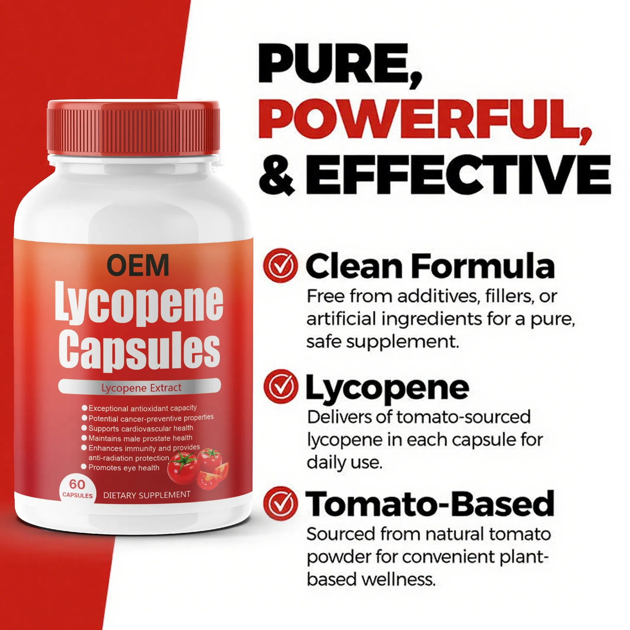 Personalize o Logo do Suplemento de Licopeno para Homens com Extrato Natural de Tomate para Suporte à Próstata, Pele e Antioxidantes em Cápsulas