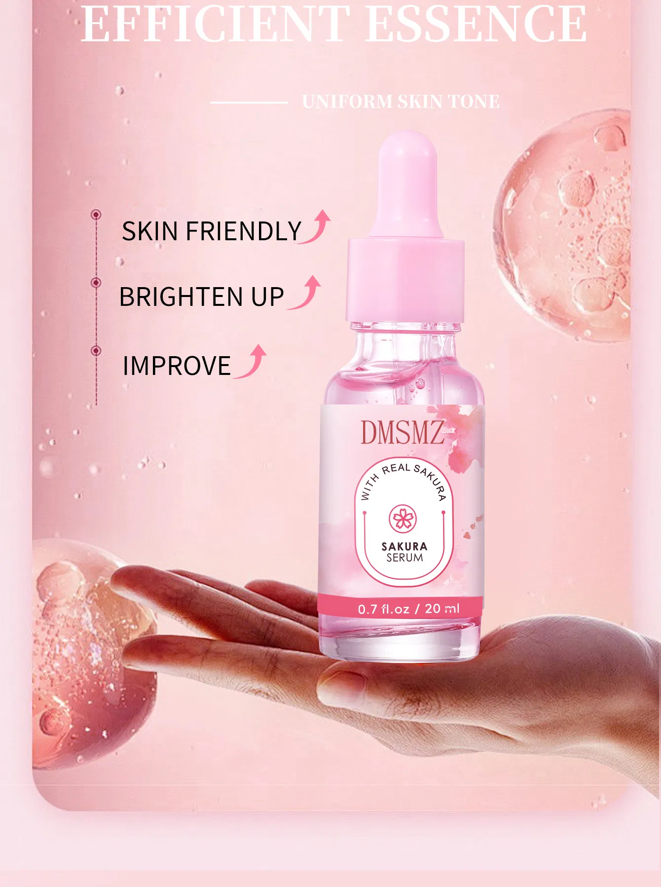 Uniformiza o tom de pele irregular, firma a pele, acalma a sensibilidade, repara a barreira cutânea danificada, sérum facial de sakura
