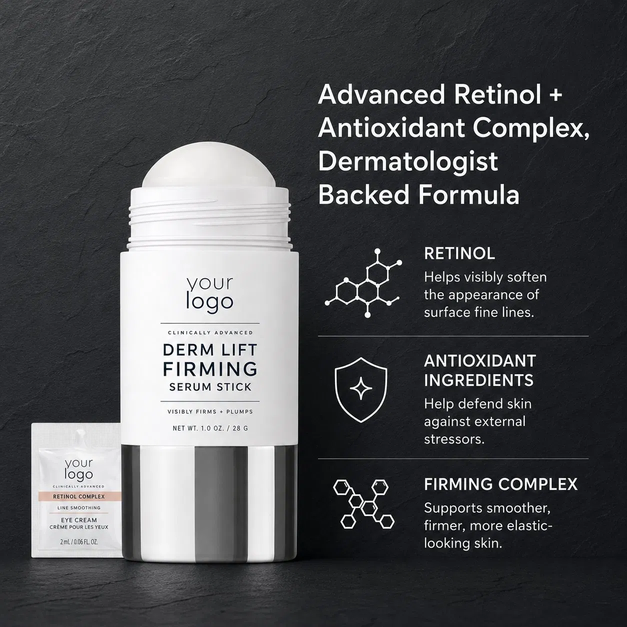 Cuidado Firmador Botânico Natural ODM Textura Leve Suavização da Pele Pele Madura Rápida Absorção Sérum em Bastão com Retinol Exossomos
