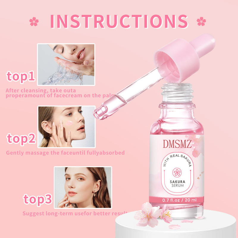 Uniformiza o tom de pele irregular, firma a pele, acalma a sensibilidade, repara a barreira cutânea danificada, sérum facial de sakura