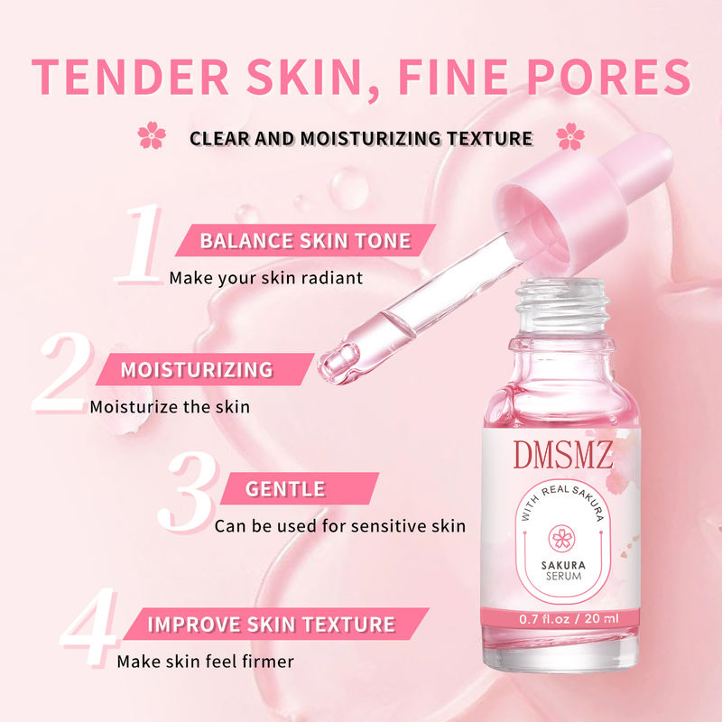 Uniformiza o tom de pele irregular, firma a pele, acalma a sensibilidade, repara a barreira cutânea danificada, sérum facial de sakura