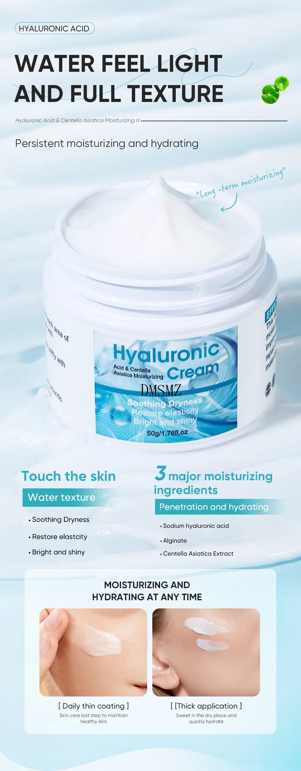 Acalma a pele irritada, repara a barreira, proporciona hidratação duradoura, ácido hialurônico, centella asiática, creme facial hidratante