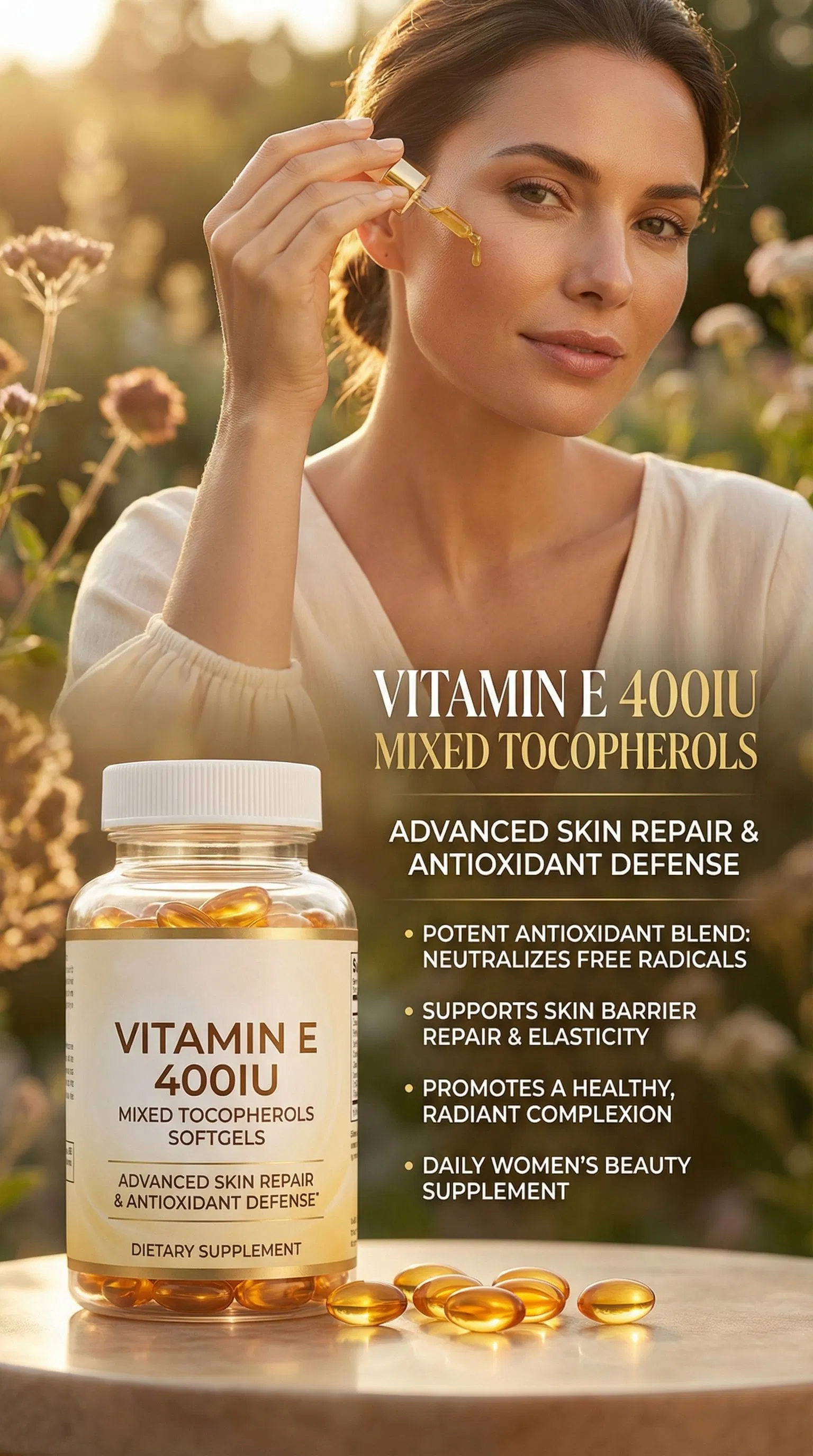 Suplemento de Beleza com Tocopheróis Mistos para Reparação e Defesa da Pele
