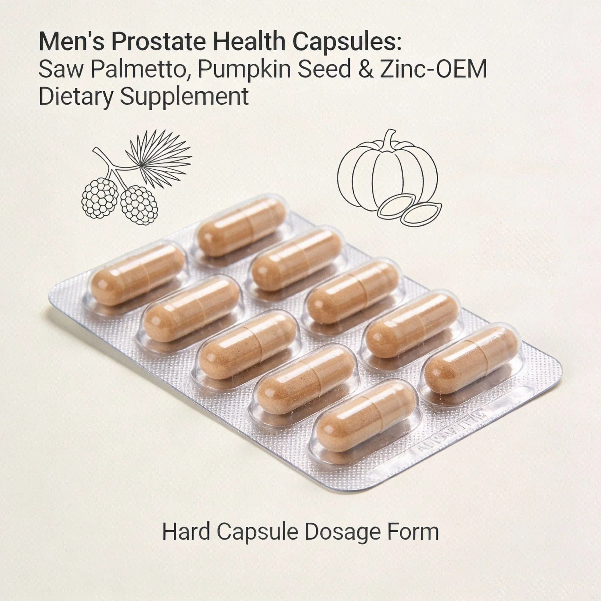 Cápsulas de Saúde Prostatária Masculina: Sabal, Semente de Abóbora e Zinco - Suplemento Dietético OEM